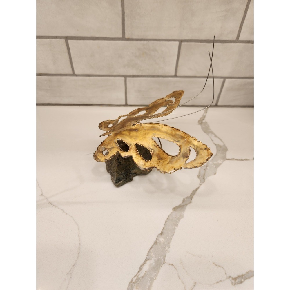 MCM Brutalist Kinetic Metal Art Sculpture Brass Butterfly on Real Rock Stone - Picture 4 of 14